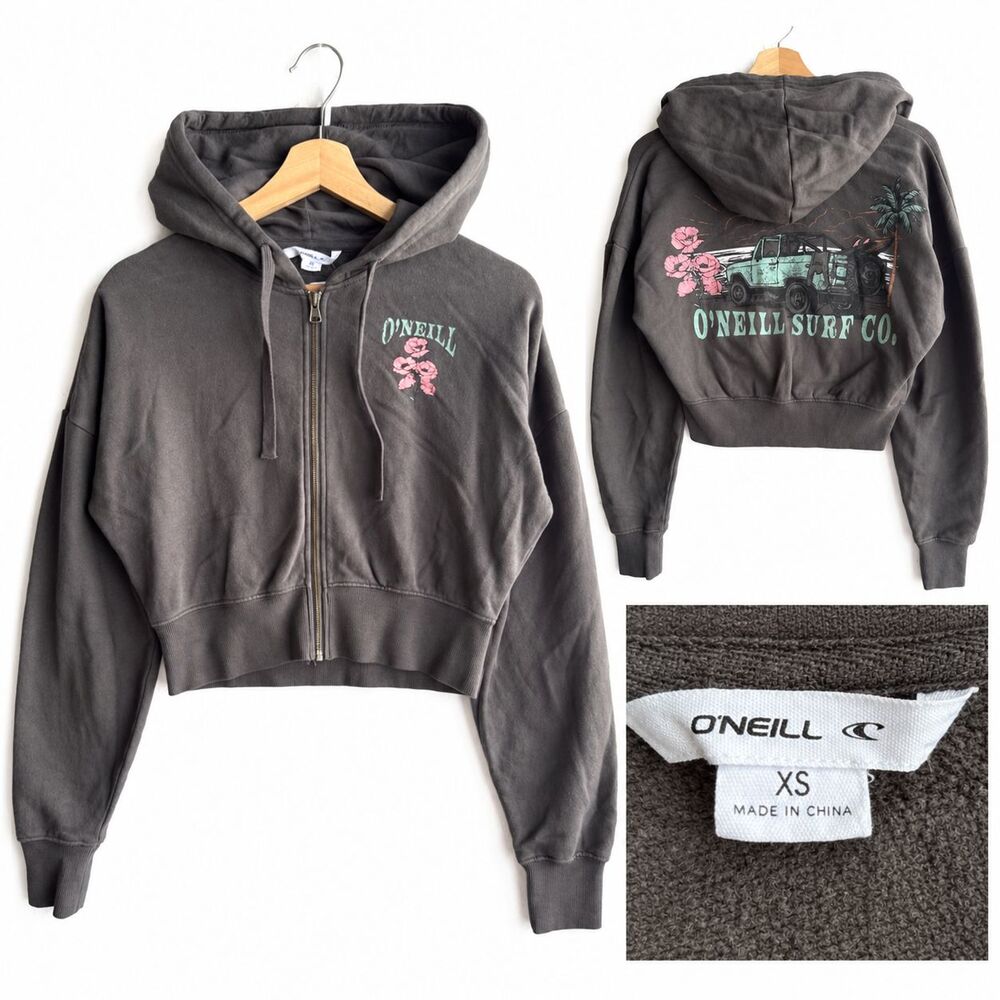 NWT O'Neill Darcie Cropped Zip Hoodie Womens XS Washed Grey Rose Graphic Fleece